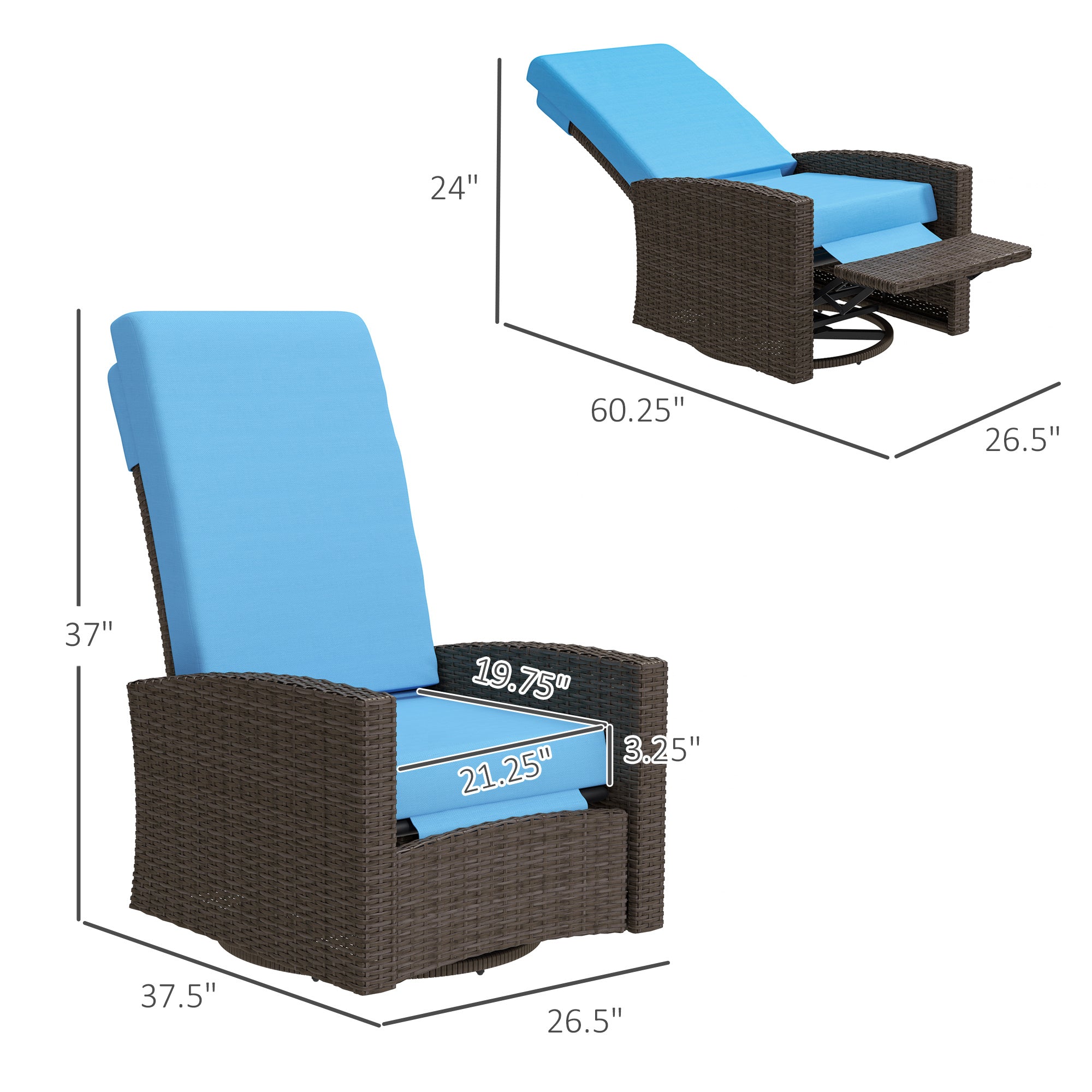 Outdoor Wicker Swivel Recliner Chair, Lifting Footrest, 360 Rotating Basic, Water-resistant Cushions, Sky Blue