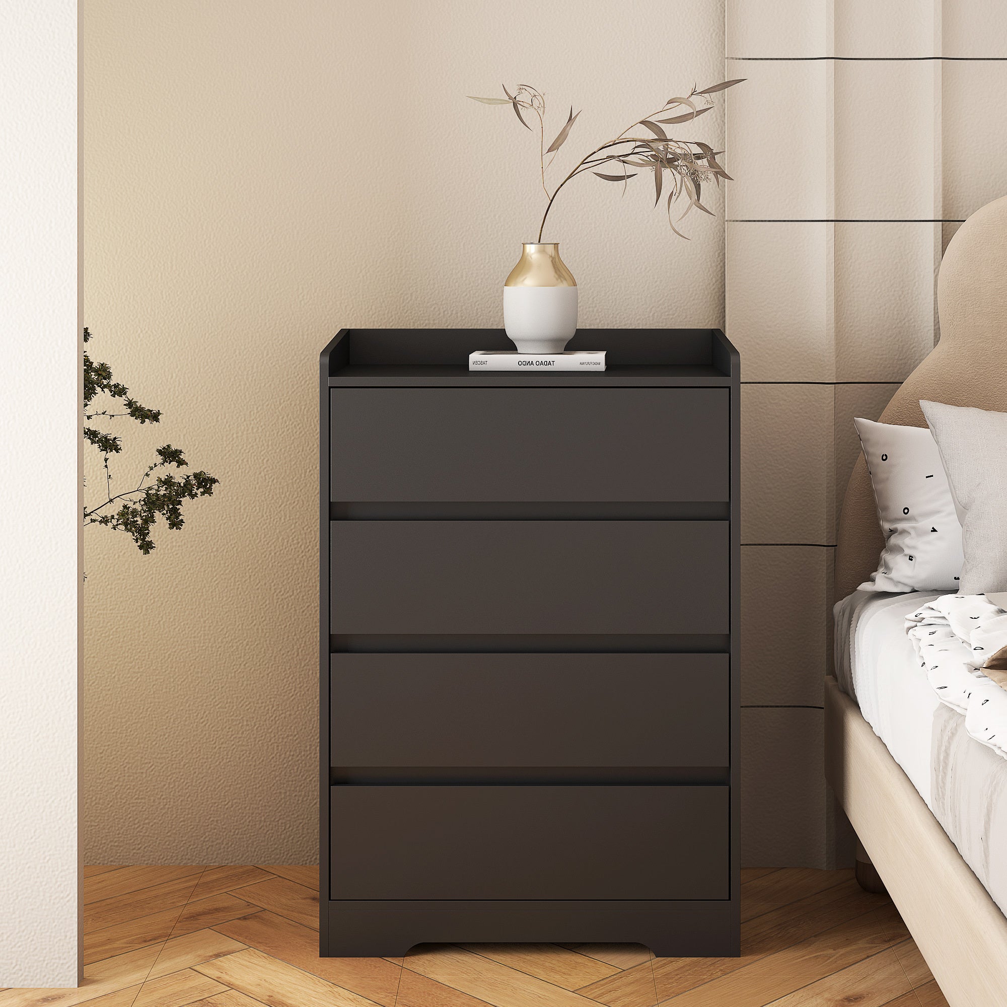 4 Drawer Dresser, Chest Of Drawers Without Handle,Black Dresser For Bedroom Waterproof, Modern Wooden Cabinet With Sturdy Frame For Living Room, Entryway, Bedroom, Hallway, Office