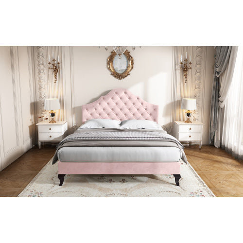 Upholstered Bed With Slatted Frame And Headboard, 4ft6 Double Bed,135x190,Upholstered Bed With Height-adjustable Headboard, Youth Bed, Wooden Slat Support, Easy Assembly, Velvet, Pink