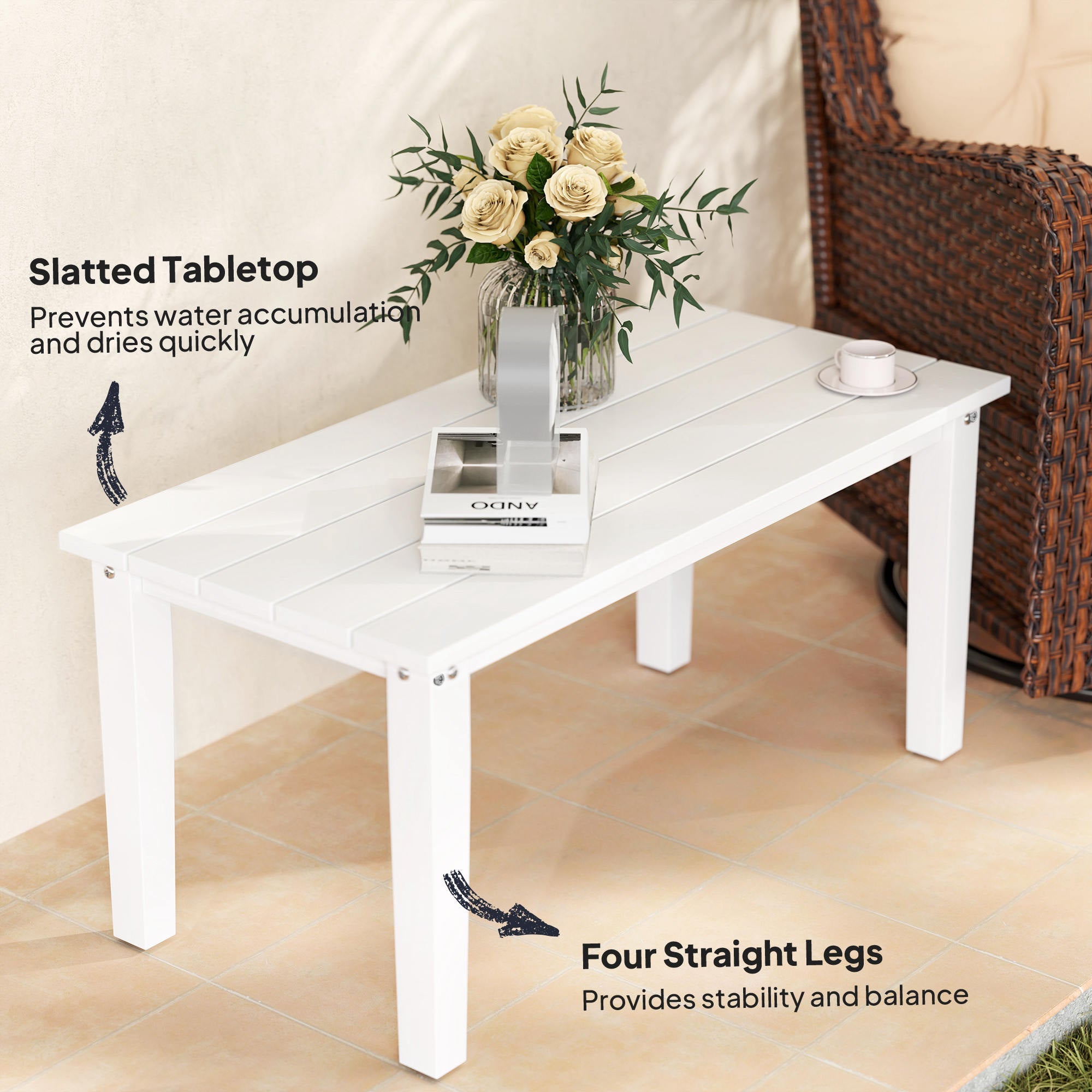 Rectangle Outdoor Coffee Table, HDPE All-Weather Outdoor Patio Table With Slatted Tabletop For Yard, Balcony, White CJDropshipping