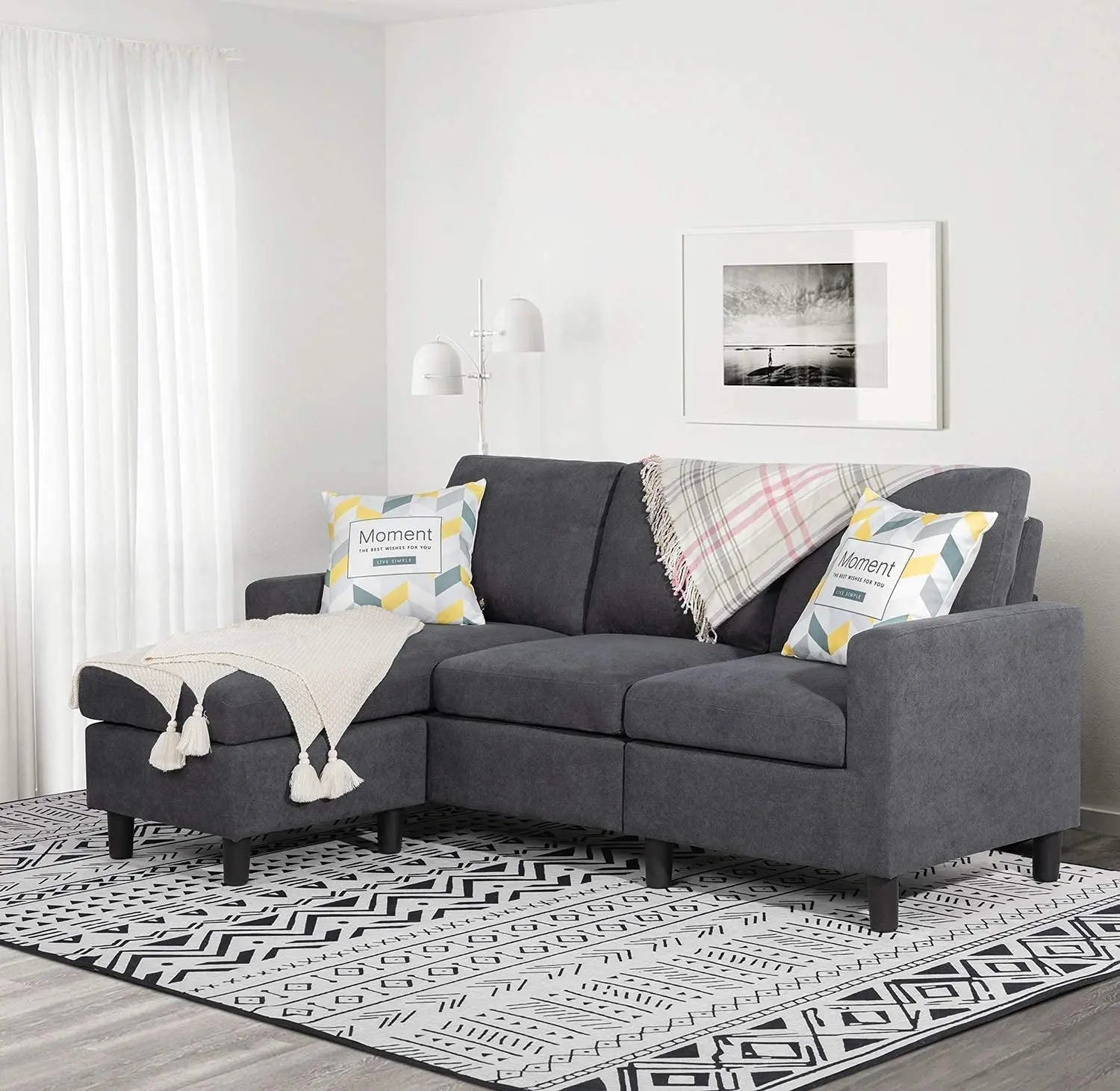Linen L-Shaped Sectional Sofa Peach Maple