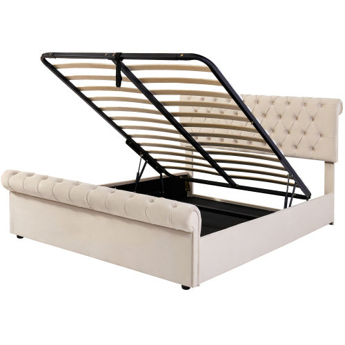 Upholstered Bed 5ft,150x200, 5ft King Bed, Luxurious Velvet Button-Tufted Sleigh Bed Storage, Functional Bed With Slatted Frame And Storage, Beige