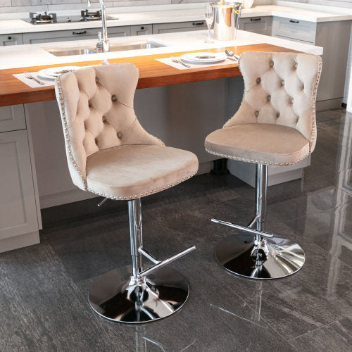 Swivel Velvet Barstools Adjusatble Seat Height From 25-33 Inch Khaki,Set Of 2