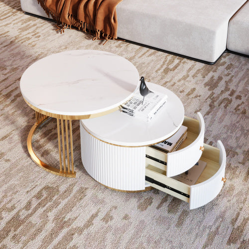 Modern 2-piece White Circular Nested Coffee Table With Drawers, 27.6 Inches