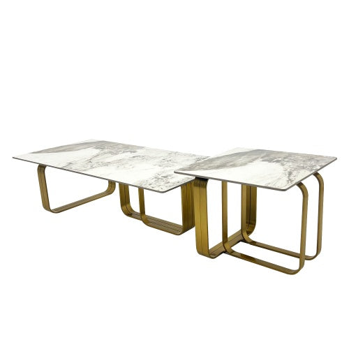 LuneluX_Home – Modern Sintered Stone Coffee Table Set with Gold Frame Carmine Juneberry