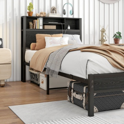 Twin Size Bed Frame With Storage Headboard, Metal Platform Bed With Charging Station, Bookcase Storage, No Box Spring Needed, Easy Assembly, Black