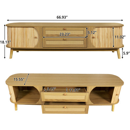Rattan TV Stand For TVs Up To 75'', Modern Farmhouse Media Console, Entertainment Center With Solid Wood Legs, TV Cabinet For Living Room,Home Theatre