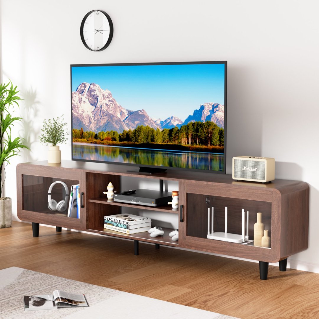 Mid Century Modern TV Stand For 55,60,65,70 Inch TV, Wood Entertainment Center With Power Outlets, Media Console With Sliding Doors And Open Shelf For Living Room, Walnut