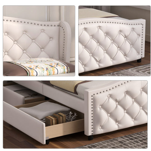 Upholstered Bed 135 X 190cm - Bed With Slatted Frame, 2 Drawers And Headboard With Pull Point Rivets - Wood & Faux Leather - White - Youth Bed Guest Bed