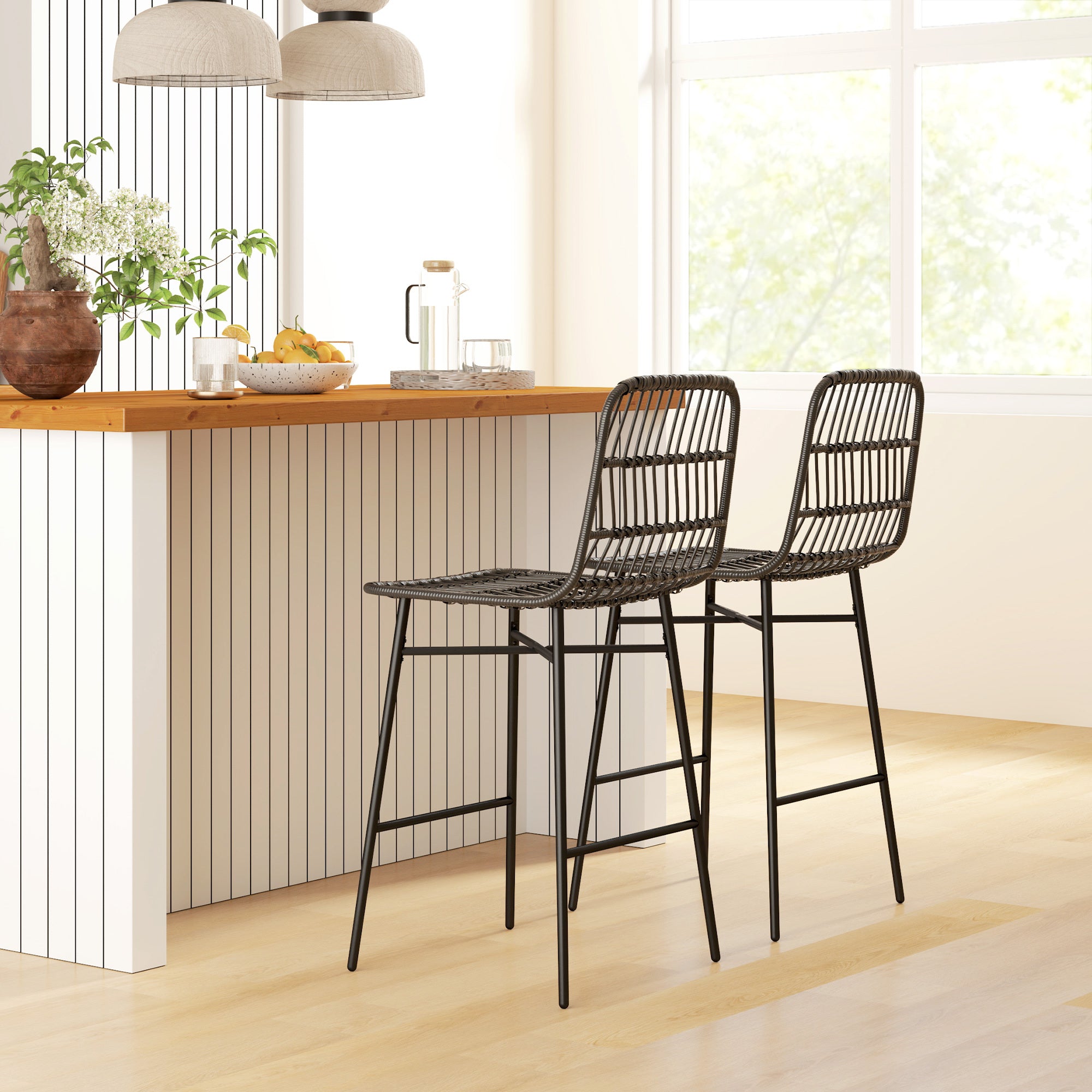 Rattan Counter Bar Stools Set Of 2, 26 Counter Height Barstools With Back, Bar Chairs For Kitchen Island, Black
