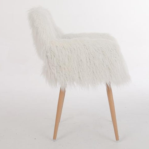 White Faux Fur Upholstered Make-up Chair With Side Dining Chair With Metal Legs
