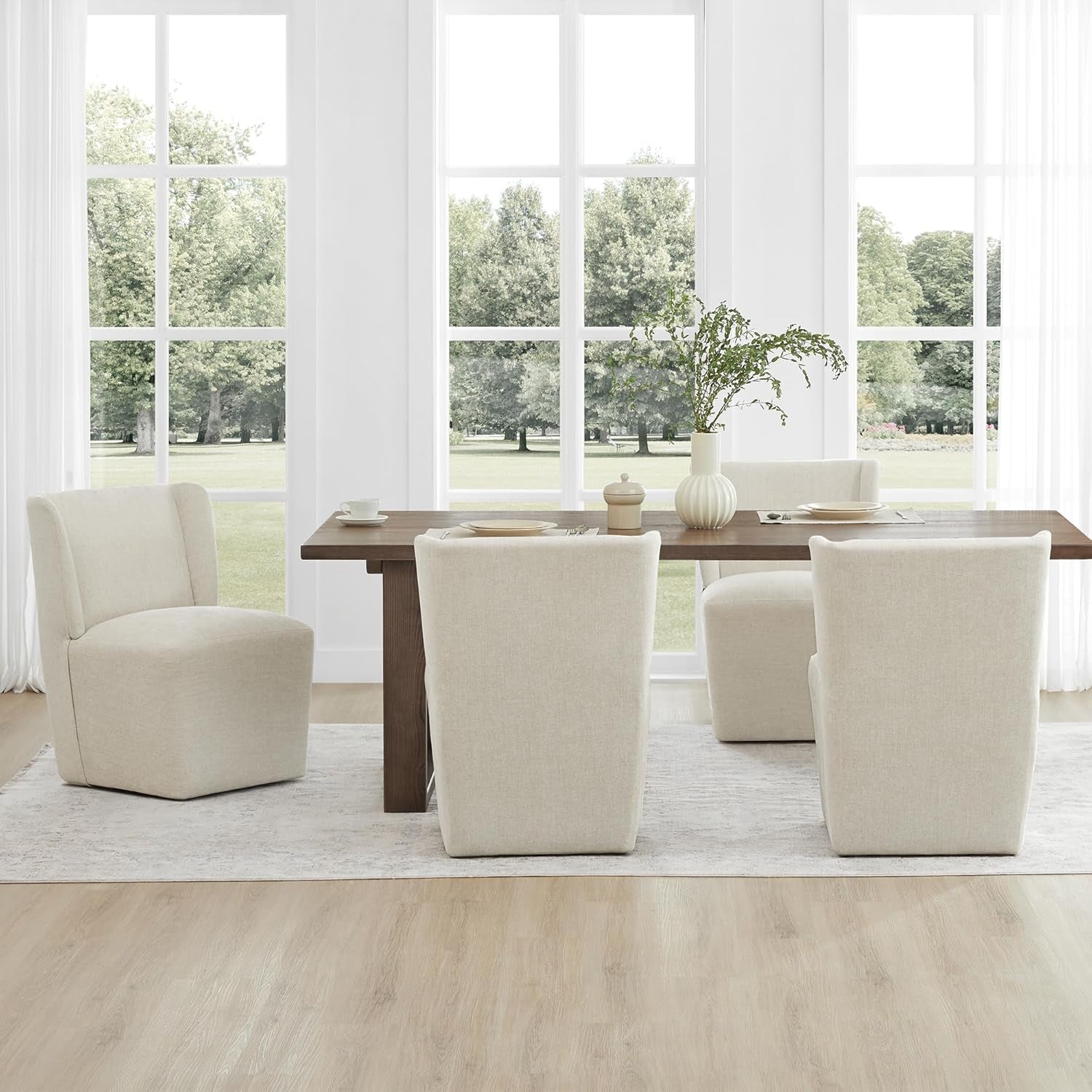 Upholstered Dining Chair with Casters Wingback Modern Side Armless