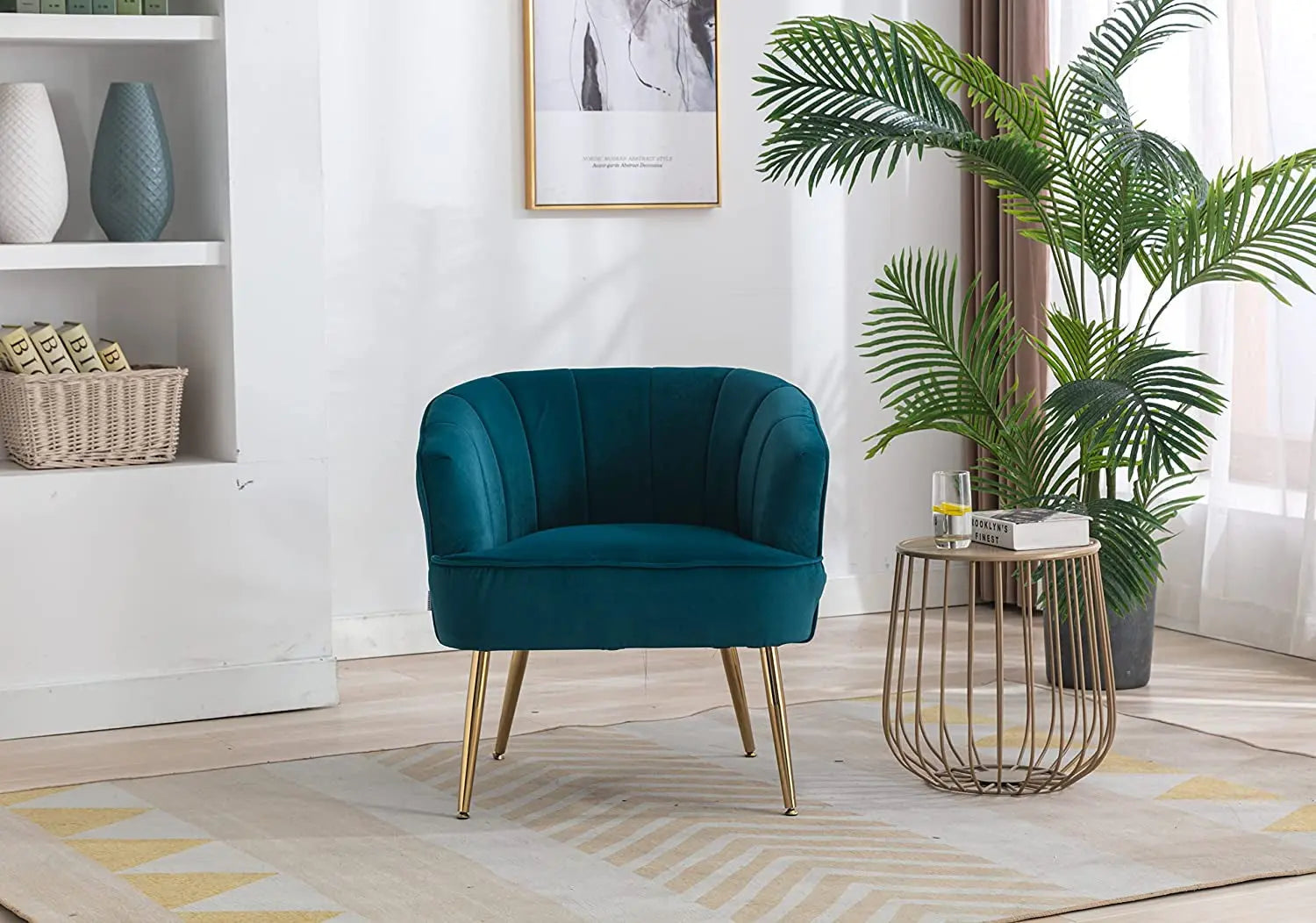 Teal Velvet Accent Chair with Golden Legs Peach Maple