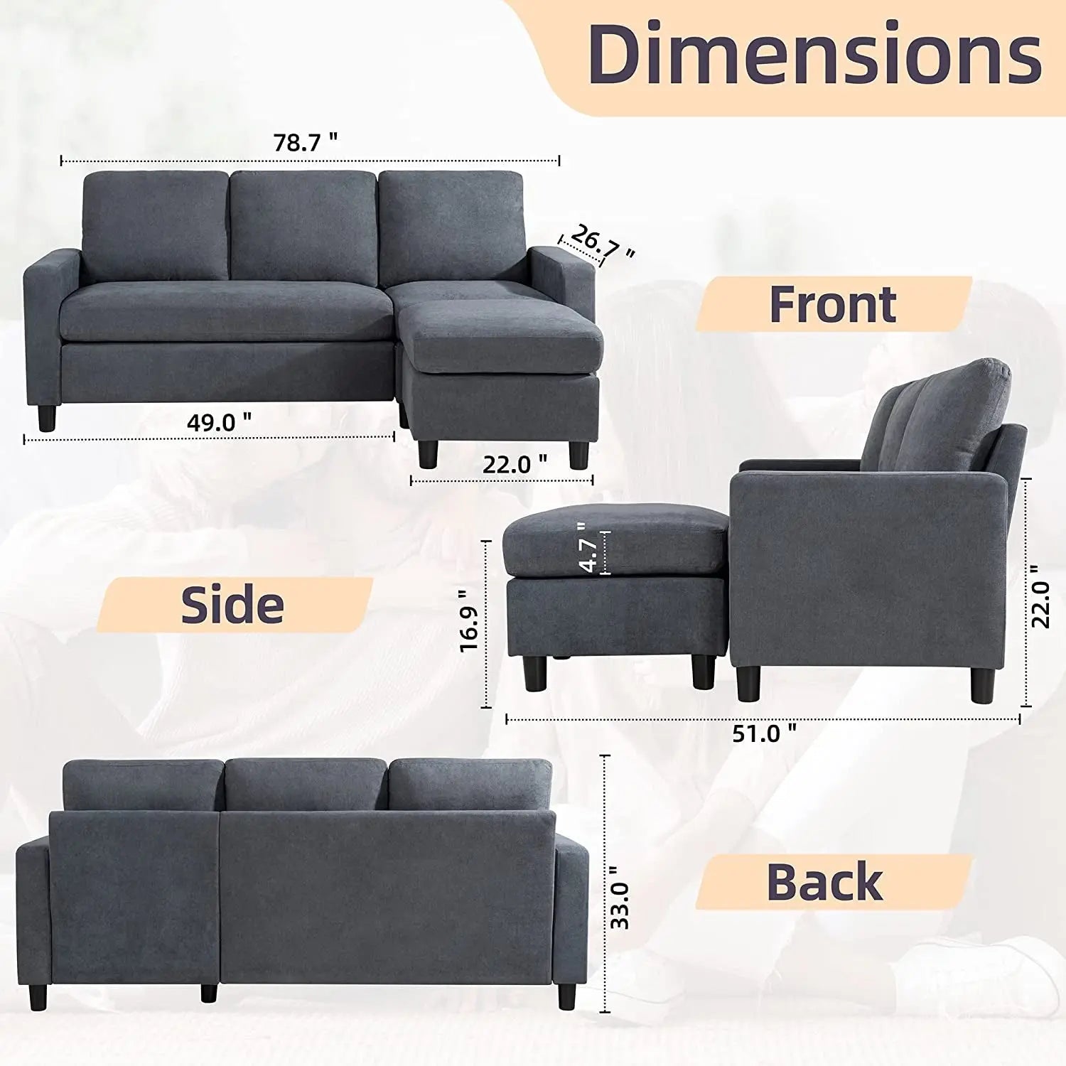 Linen L-Shaped Sectional Sofa Peach Maple