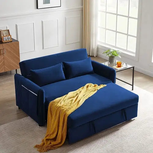 Blue Velvet Convertible Sofa Bed with Adjustable Backrest Peach Maple