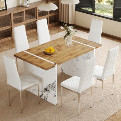 Table And Chair Set.Natural Wood Grain MDF Dining Table  55x31.5 Inch.Paired With 6 Modern Style Dining Chairs In Light Gray, Essential For Minimalist Homes.Blending Into Various Home Environments.