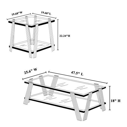 Modern Stainless Steel Coffee Table Set Set Of 2, Double-Layer Clear Tempered Glass Table Top, Coffee Table  End Side Table 2-Pieces Sets For Living Room Home Office, Silver CJDropshipping