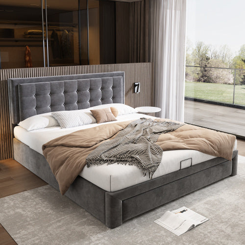Upholstered Bed,Double Bed-4ft6 135x190cm, Velvet Fabric, Double Bed, Large Storage Space,With Slats And Headboard,Without Mattress,Grey