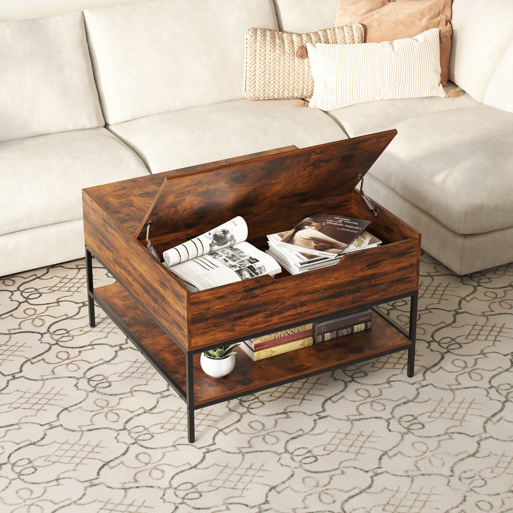 Farmhouse Flip Top Coffee Table With Storage Rustic Wood Grain Table, Hidden Storage Compartment For Living Room, Sturdy Metal Frame Easy To Assemble & Clean CJDropshipping