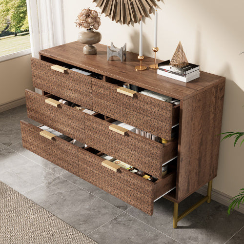 Embossed Design Sideboard Cabinet Dresser With 6 Drawers, Anti-tip, Sideboard For Living Room, Hallway, Bedroom, And Children's Room, 120 X 40 X 75 Cm, Walnut