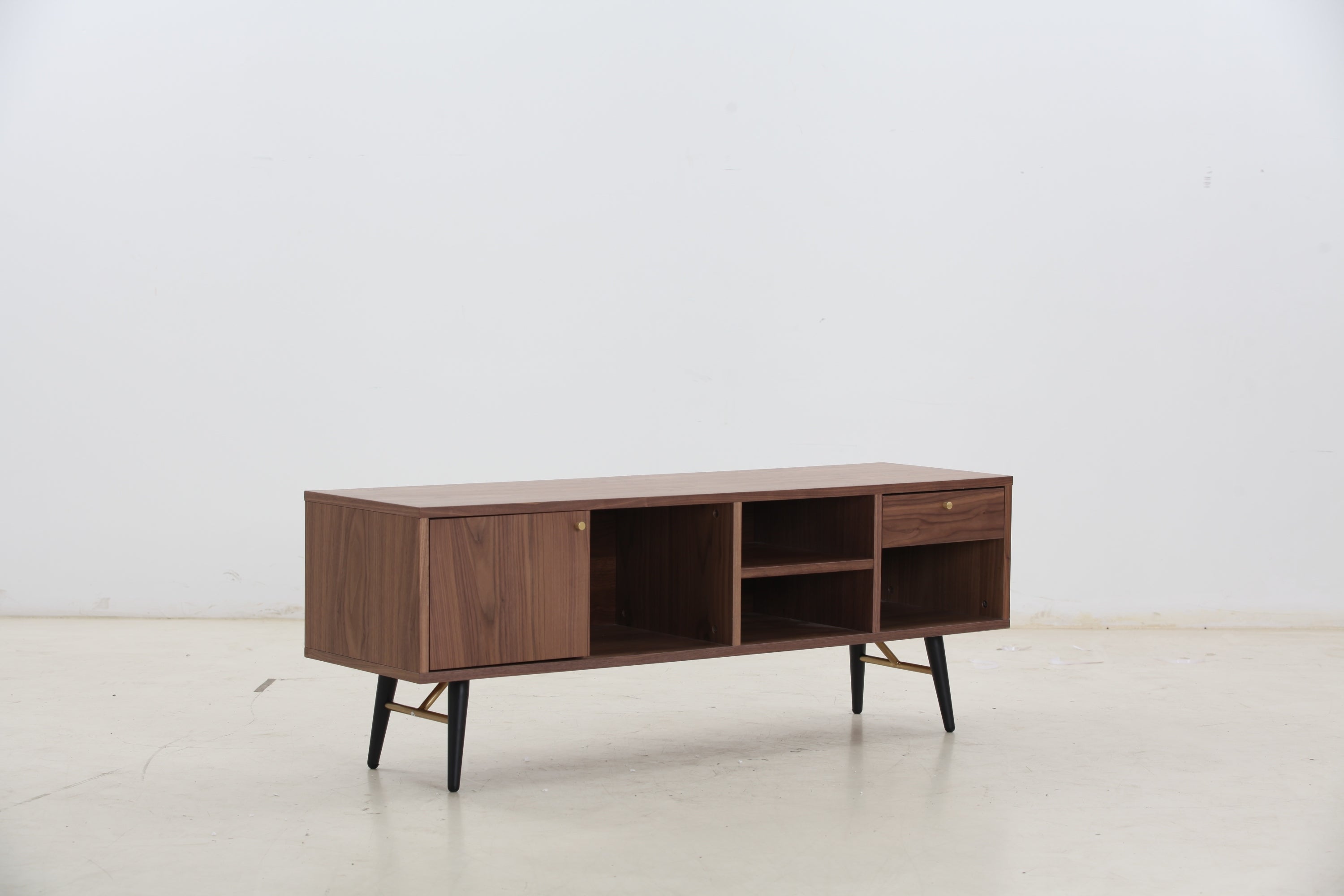 Mid-Century Modern Low Profile Media Console TV Stand, Walnut Sangria Beech