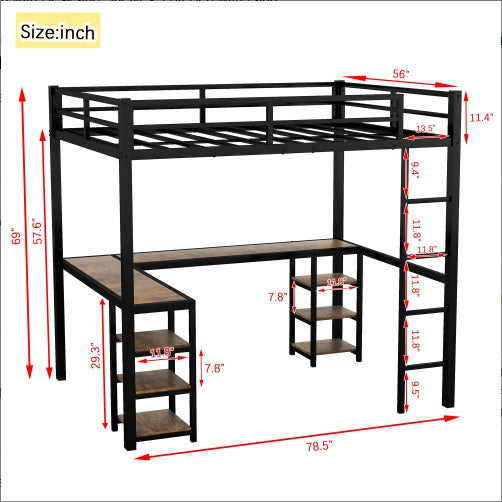 Full Metal Loft Bed With Desk And Shelves, Loft Bed With Ladder And Guardrails, Loft Bed Frame For Bedroom