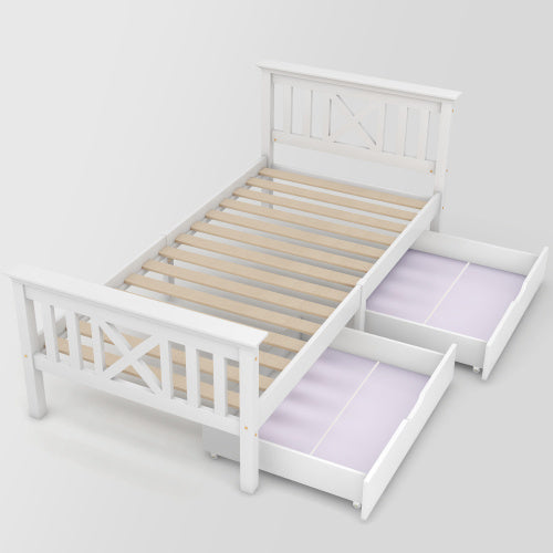 Wooden Bed Frame With Drawers Single Storage Bed Solid Pine Wood,3FT Guest Bed For Adults, Kids, Teenagers