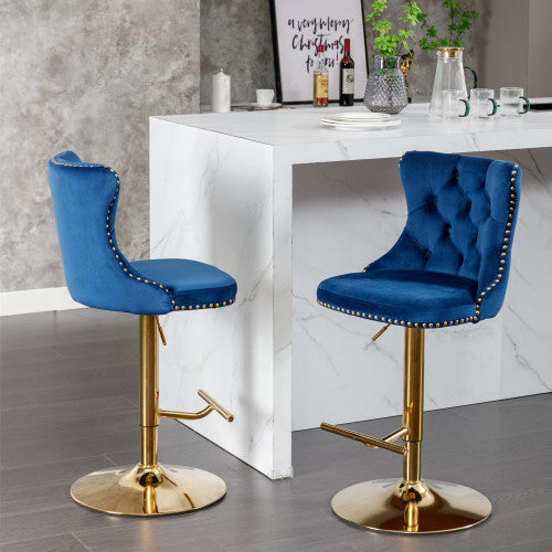 Golden Swivel Velvet Barstools Adjusatble Seat Height From 25-33 Inch Blue,Set Of 2