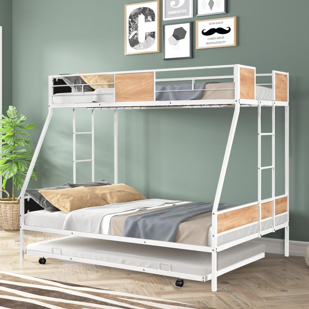 Metal Twin Over Full Bunk Bed With Trundle, Heavy-Duty, Noise Reduced, Guardrail