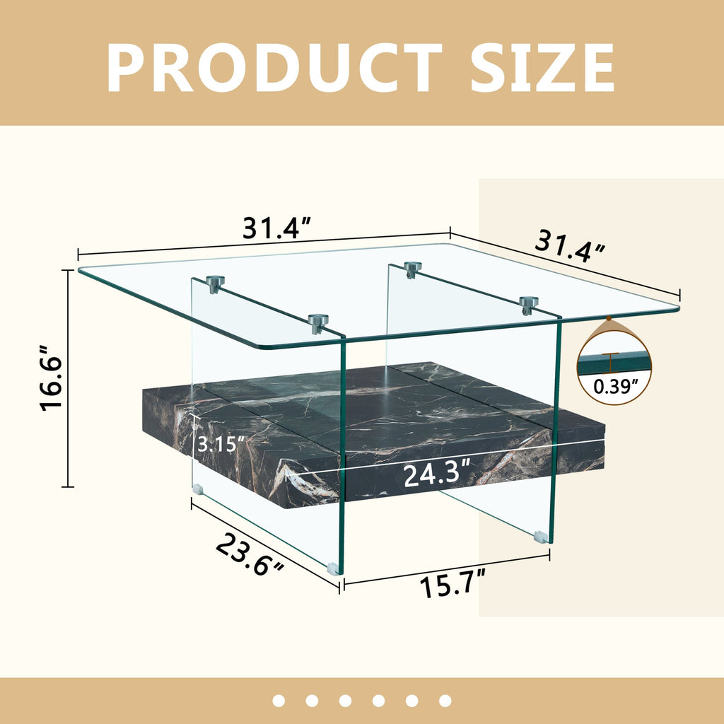 Modern Two-Tier Square Coffee Table - Elegant Clear Glass and Black Sangria Beech