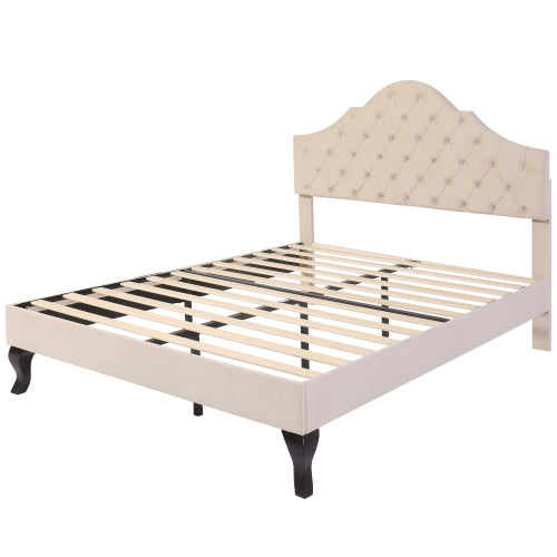 Upholstered Bed With Slatted Frame And Headboard, 4ft6 Double Bed,135x190,Upholstered Bed With Height-adjustable Headboard, Youth Bed, Wooden Slat Support, Easy Assembly, Velvet, Beige