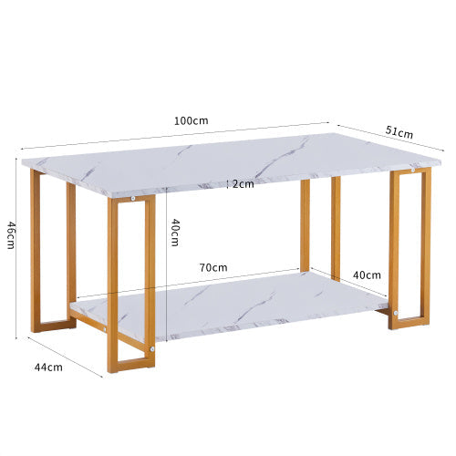 D&N Coffee Table, 2 Layers 1.5cm Thick Marble MDF Rectangle 39.37  L Tabletop Iron Coffee Table , Dining Room, Coffee Shop, Resterant, White Top, Gold Leg CJDropshipping