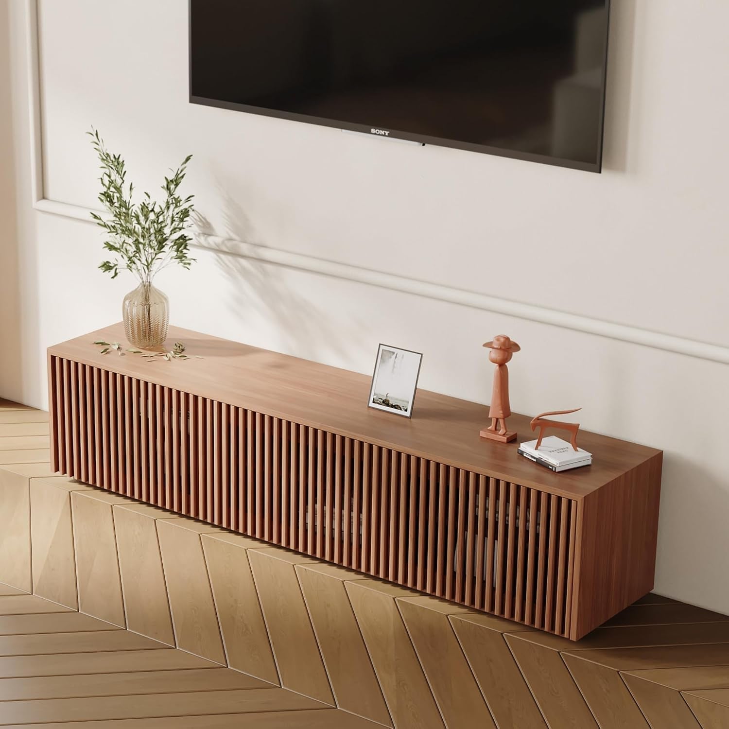 Mid Century Modern TV Stand, Solid Wood Media Console for 65 Inch TV, Peach Maple