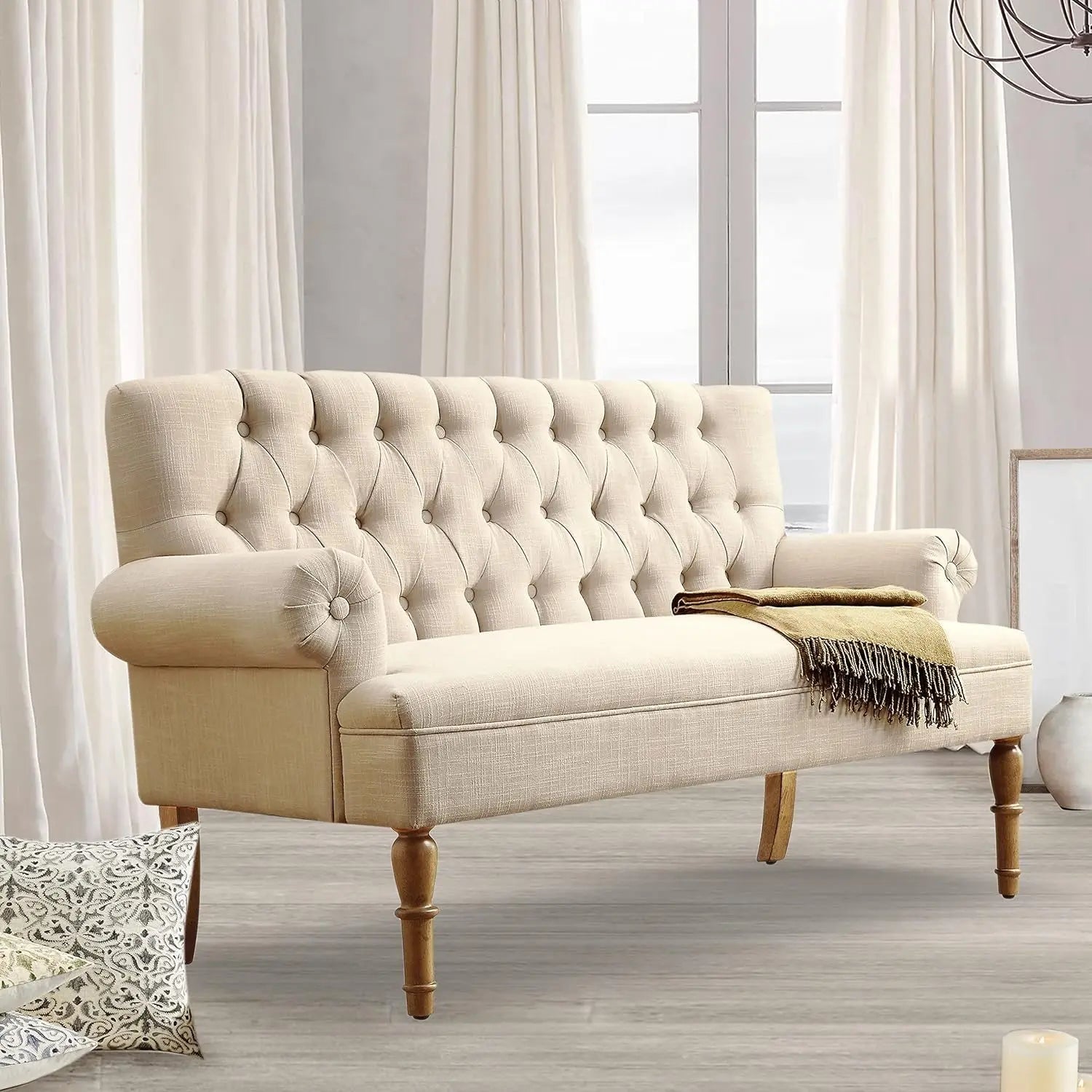 Beige Linen Loveseat Sofa for Living Room Peach Maple