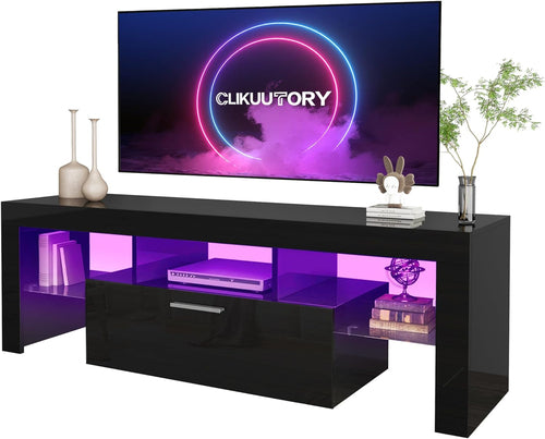 Black LED TV Stand with Large Storage Drawer for 32 40 50 55 Inch Tvs, Peach Maple