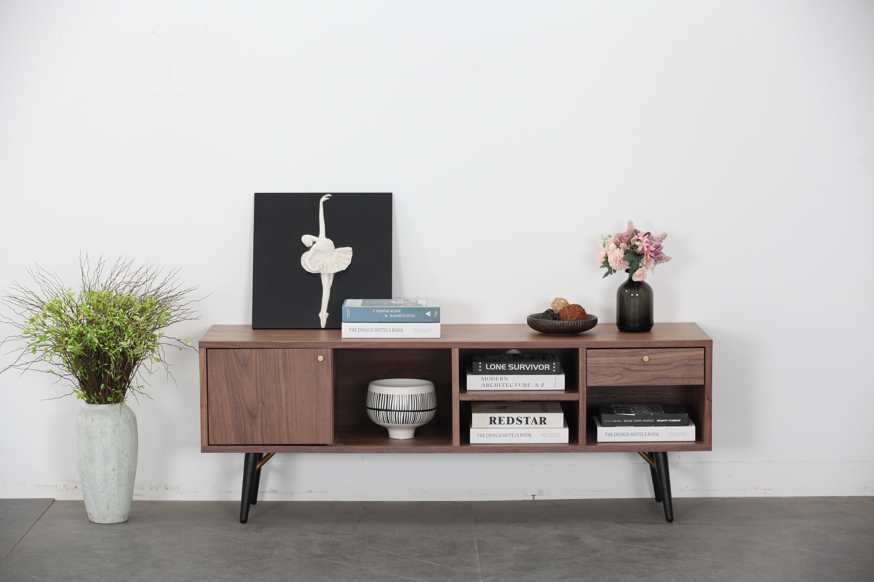 Mid-Century Modern Low Profile Media Console TV Stand, Walnut Sangria Beech