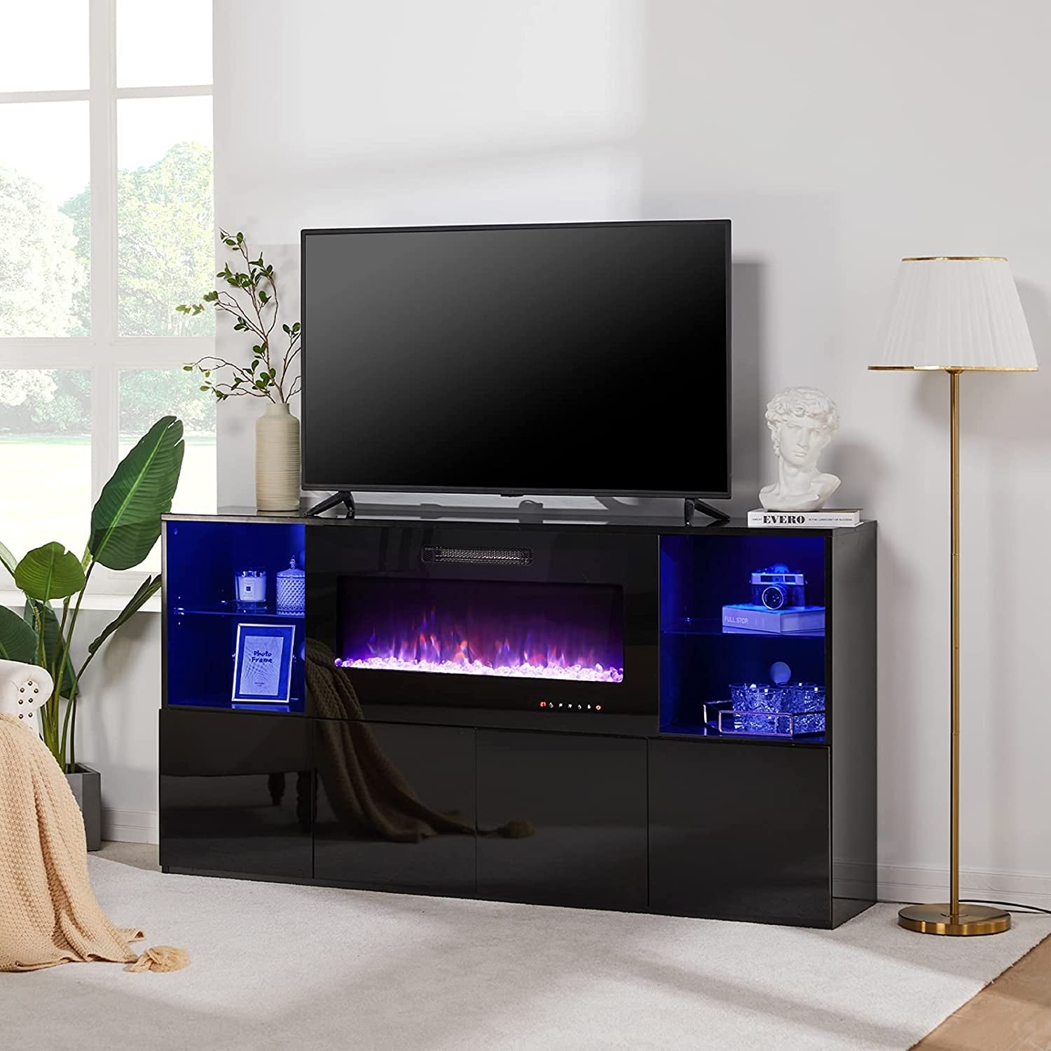 Modern TV Stand with Electric Fireplace and LED Lights Peach Maple