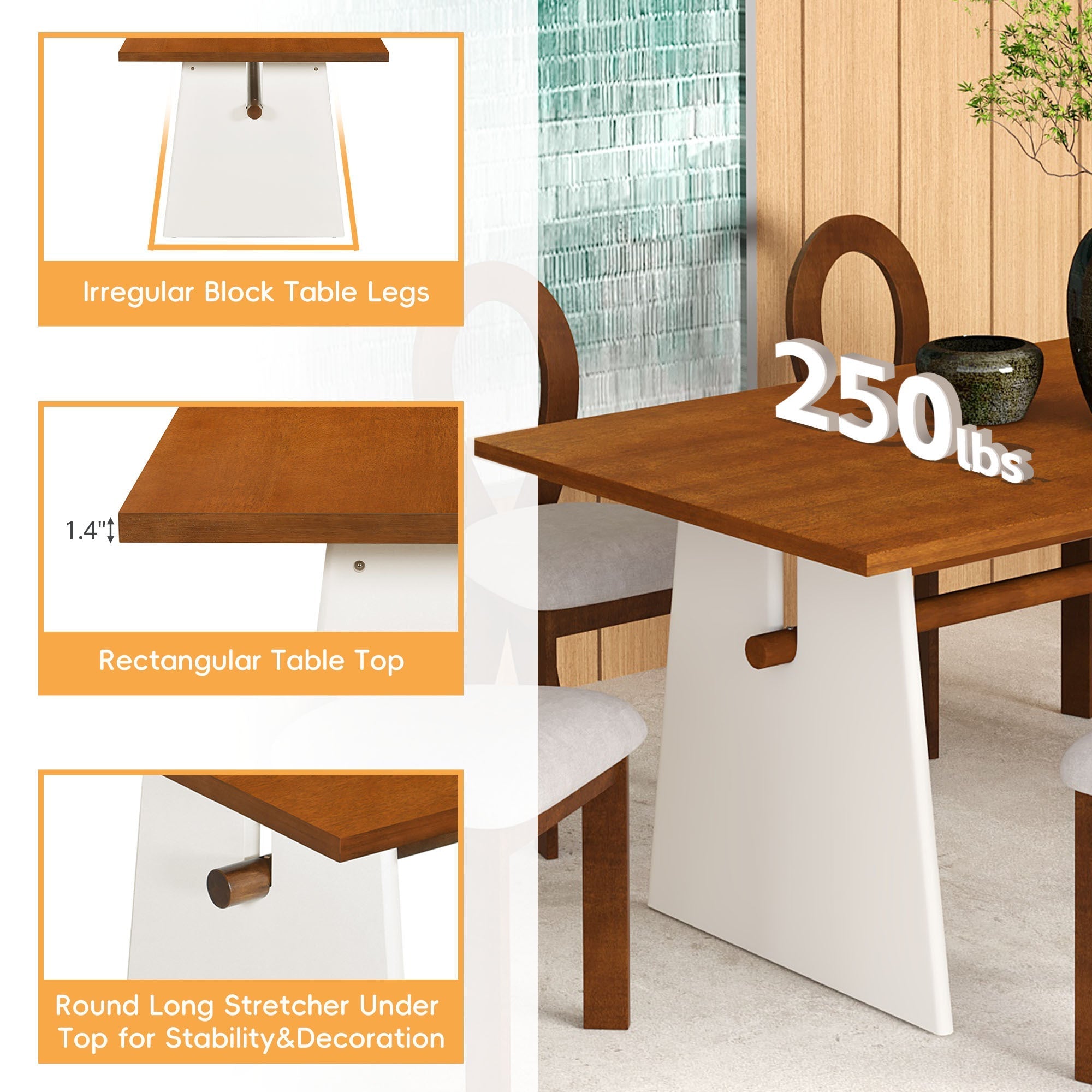 Modern 7-Piece Dining Table Set with Trestle Dining Table and 6 Sangria Beech