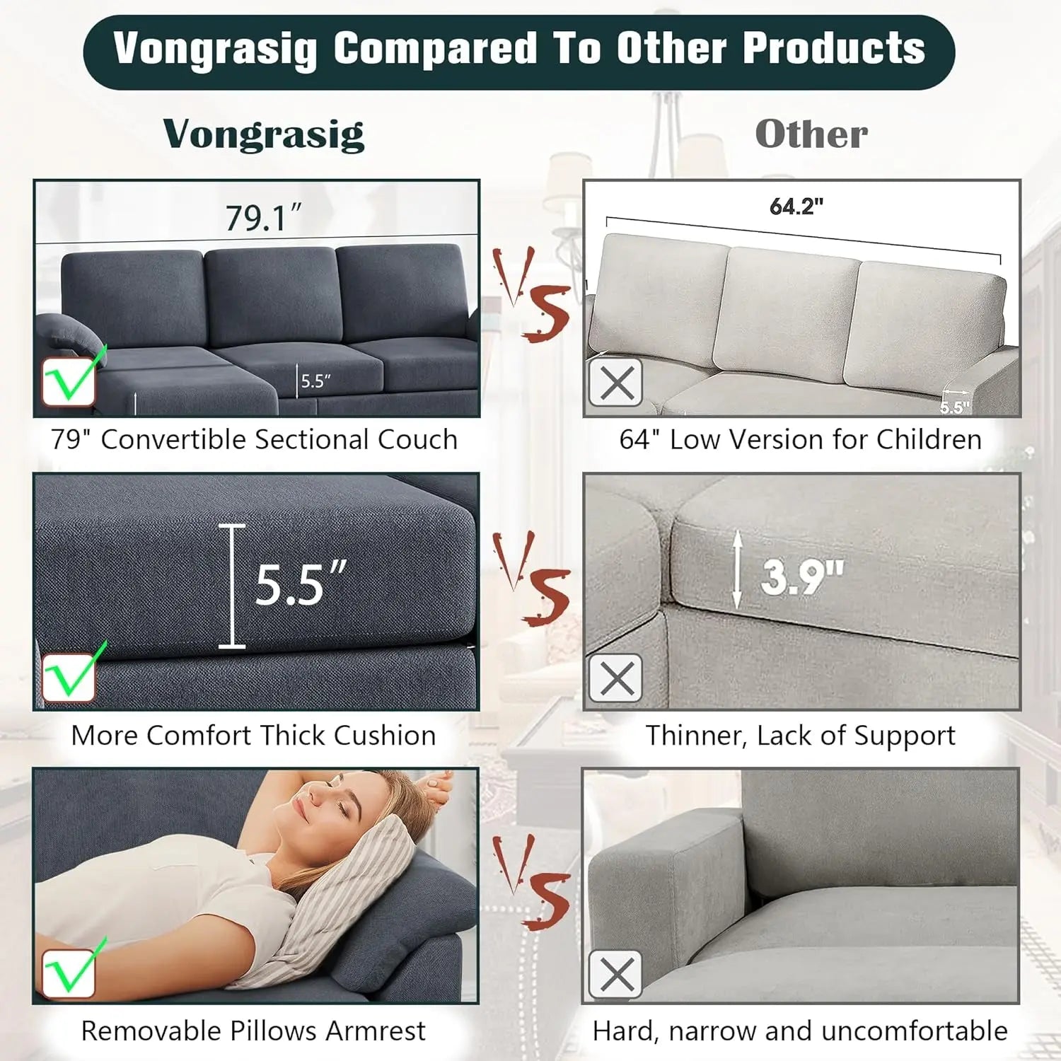 Gray Linen Sectional Sofa with Pillows Peach Maple