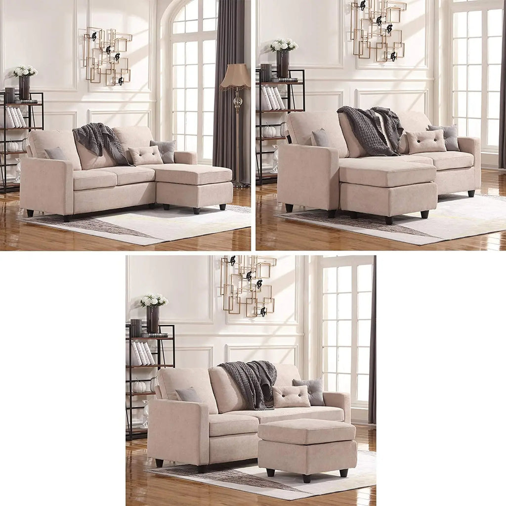 Dark Beige Linen L-Shaped Sectional, Reversible Couch Peach Maple