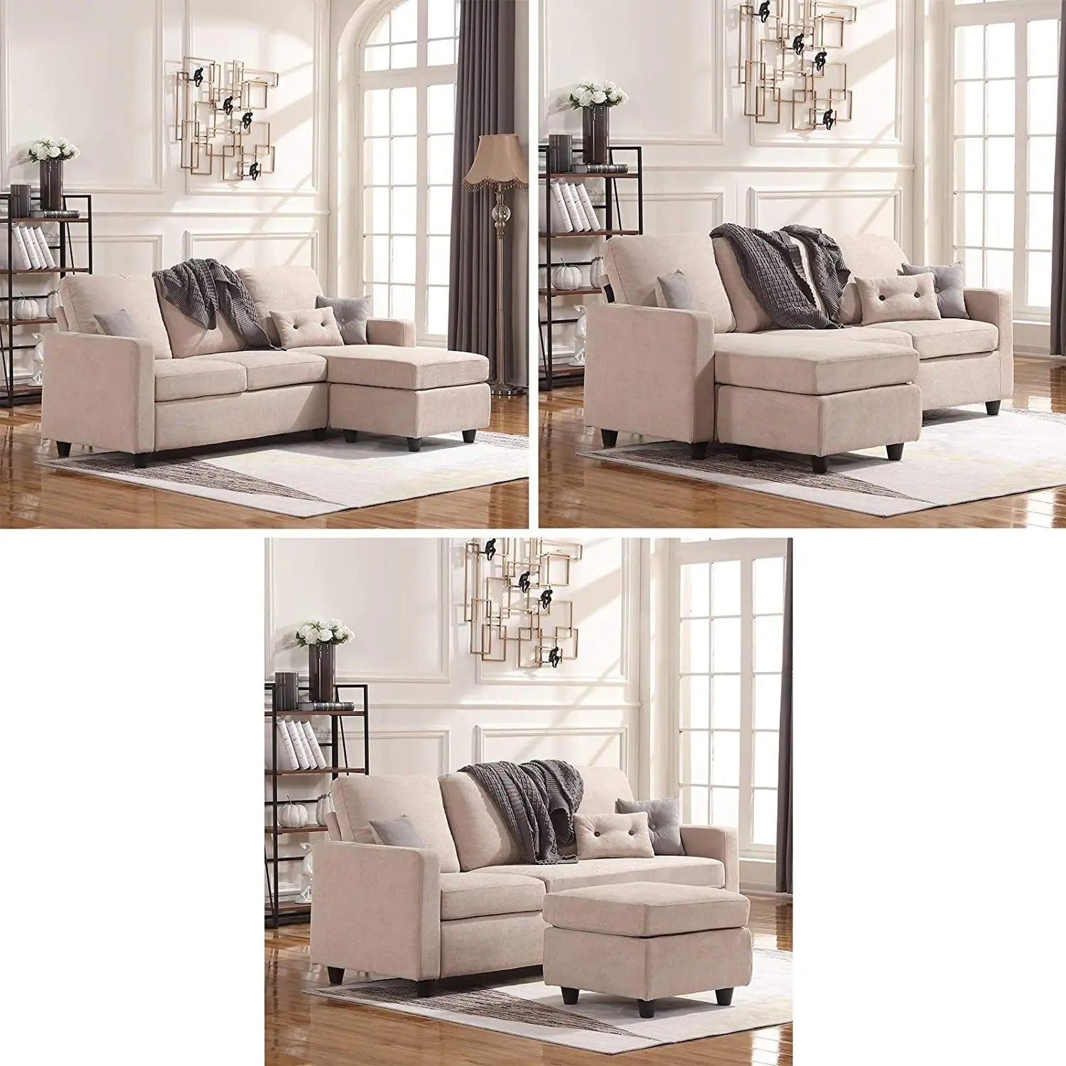 Dark Beige Linen L-Shaped Sectional, Reversible Couch Peach Maple