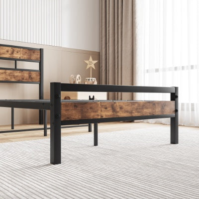 Twin Size Platform Bed Frame With Rustic Vintage Wood Headboard, Strong Metal Slats Support, No Box Spring Needed
