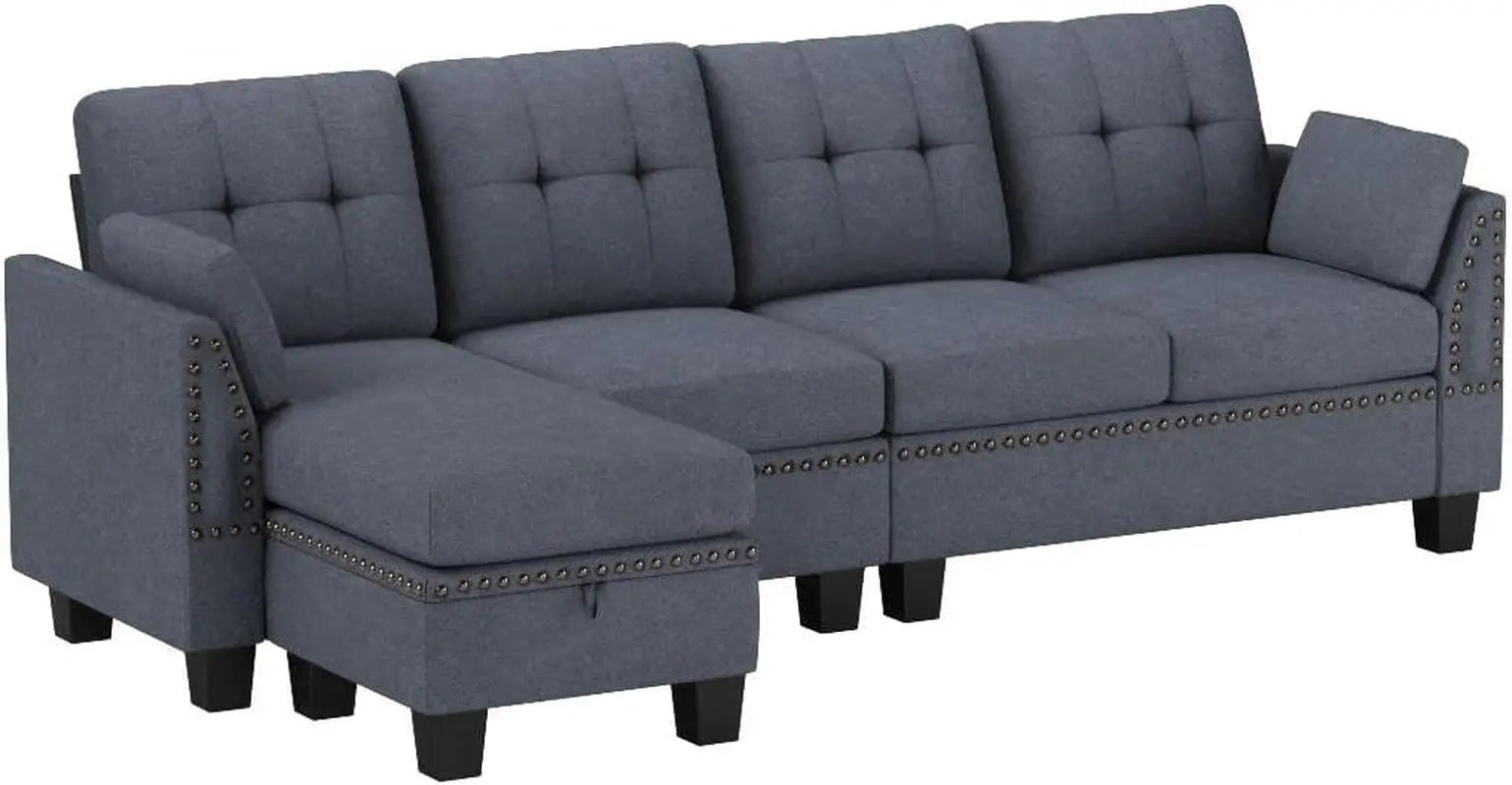 Bluish Grey Sectional Sofa L-Shaped, Convertible Peach Maple