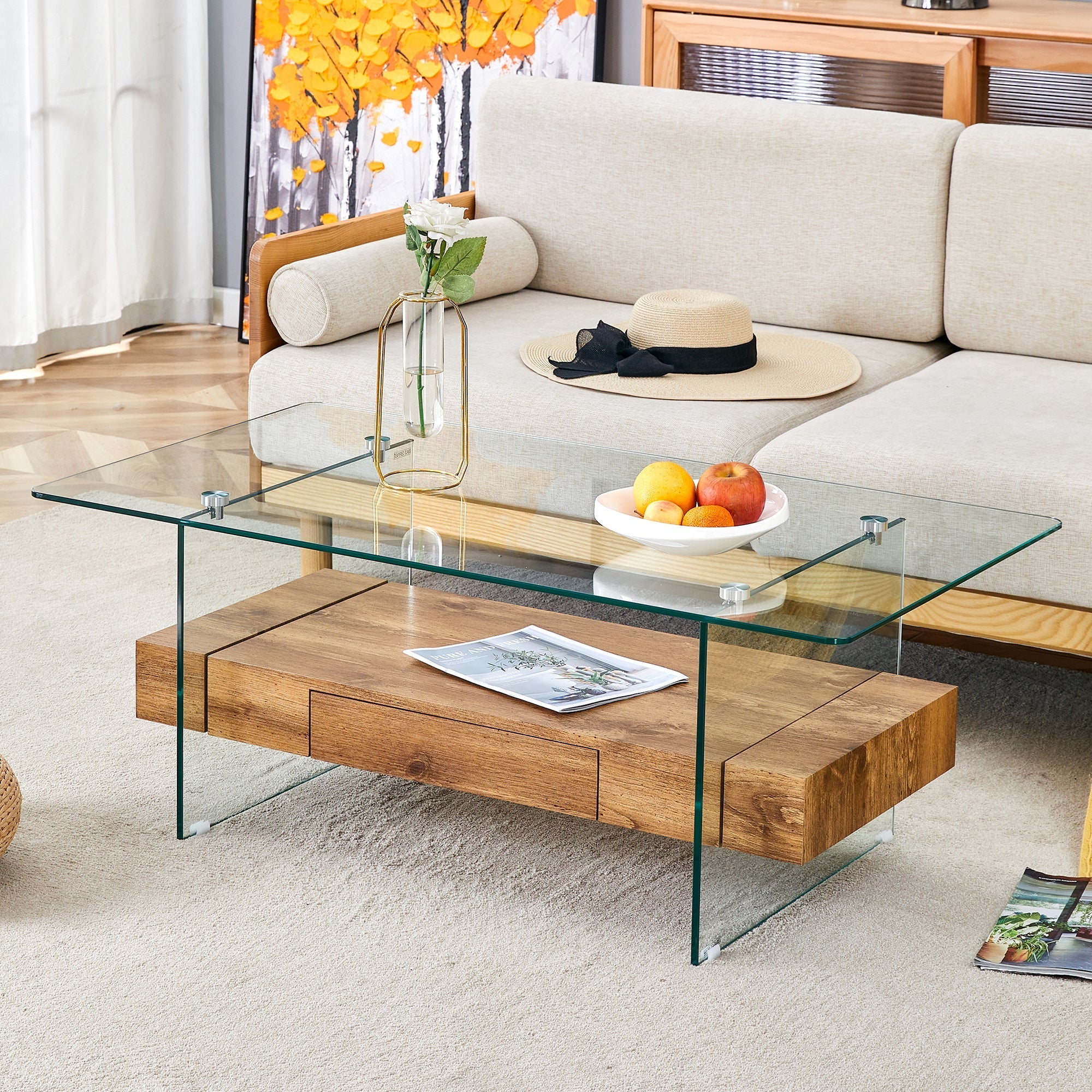 Modern Two-Tier Coffee Table - Clear Tempered Glass and Natural Wood Sangria Beech