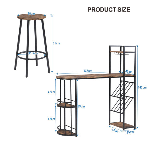 Industrial Bar Table Set With 2 Chairs, Counter Height Kitchen Dining Table, Wine Rack, And Side Storage, Rustic Brown