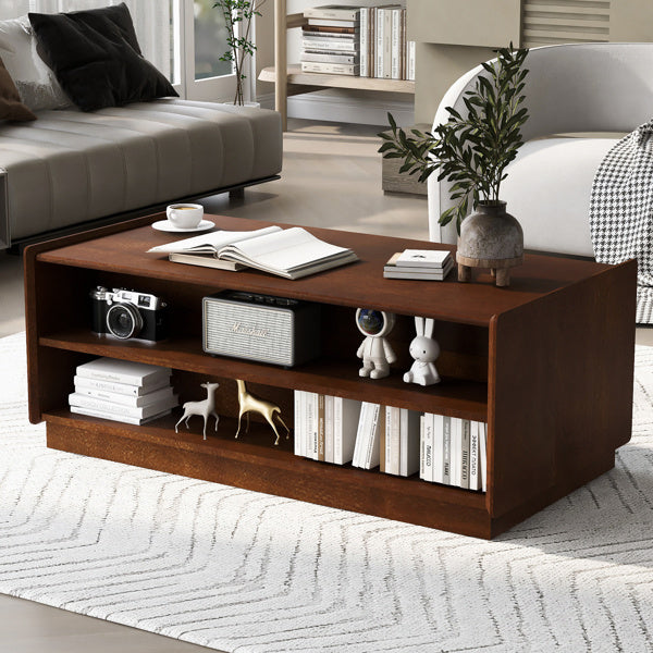 U-Can Modern Rectangle Coffee Table With 4 Drawers And 2 Display Shelves,  Wood Coffee Table With Fluted Style, Tempered Glass For Living Room CJDropshipping