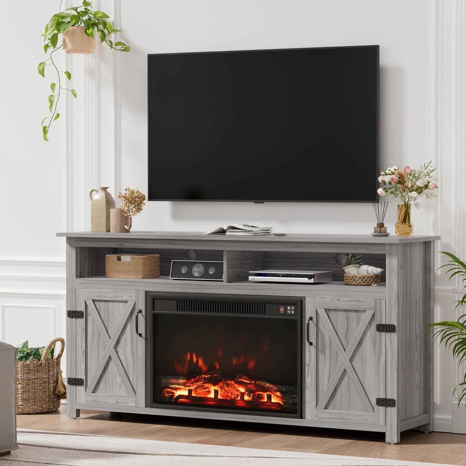 Farmhouse Fireplace TV Stand for Tvs up to 65 Inch Highboy Peach Maple