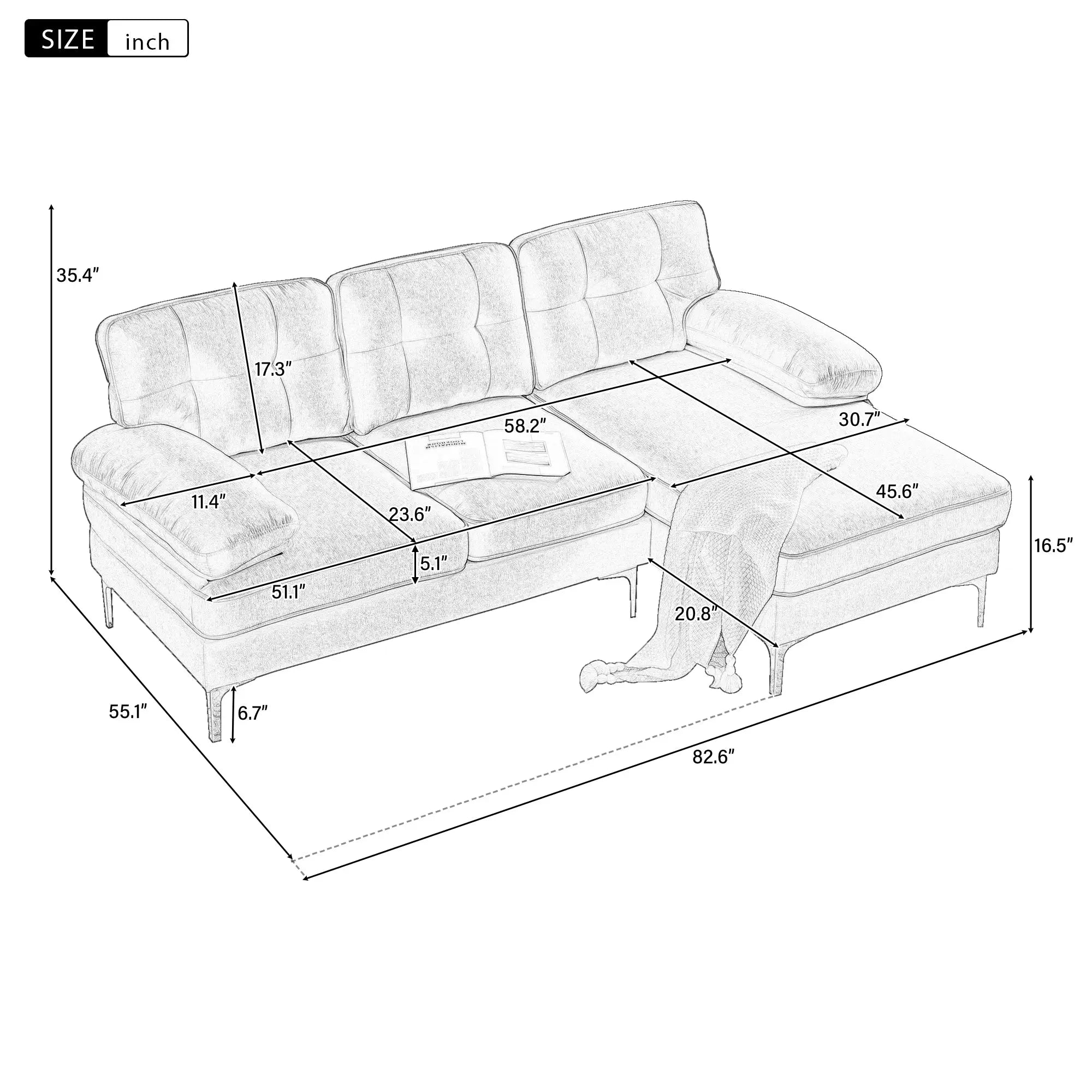 82.6' Modern Sectional Sofas Couches Velvet L Shaped Couches for Sangria Beech