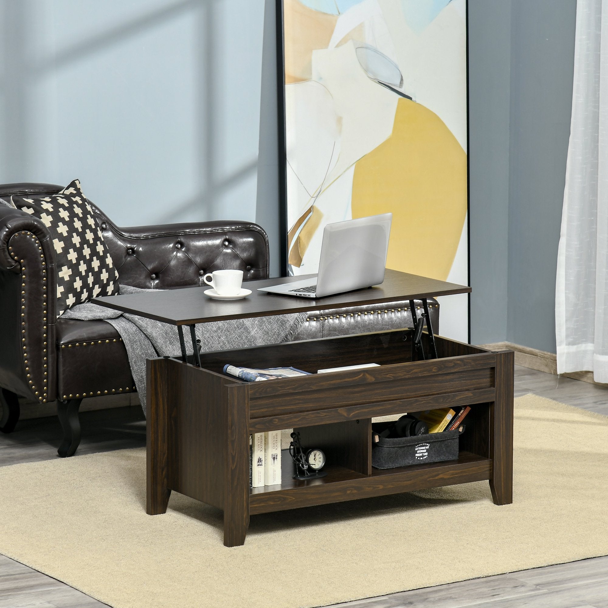 HOMCOM Lift Top Coffee Table with Hidden Storage Compartment and Open Taupe Shadow