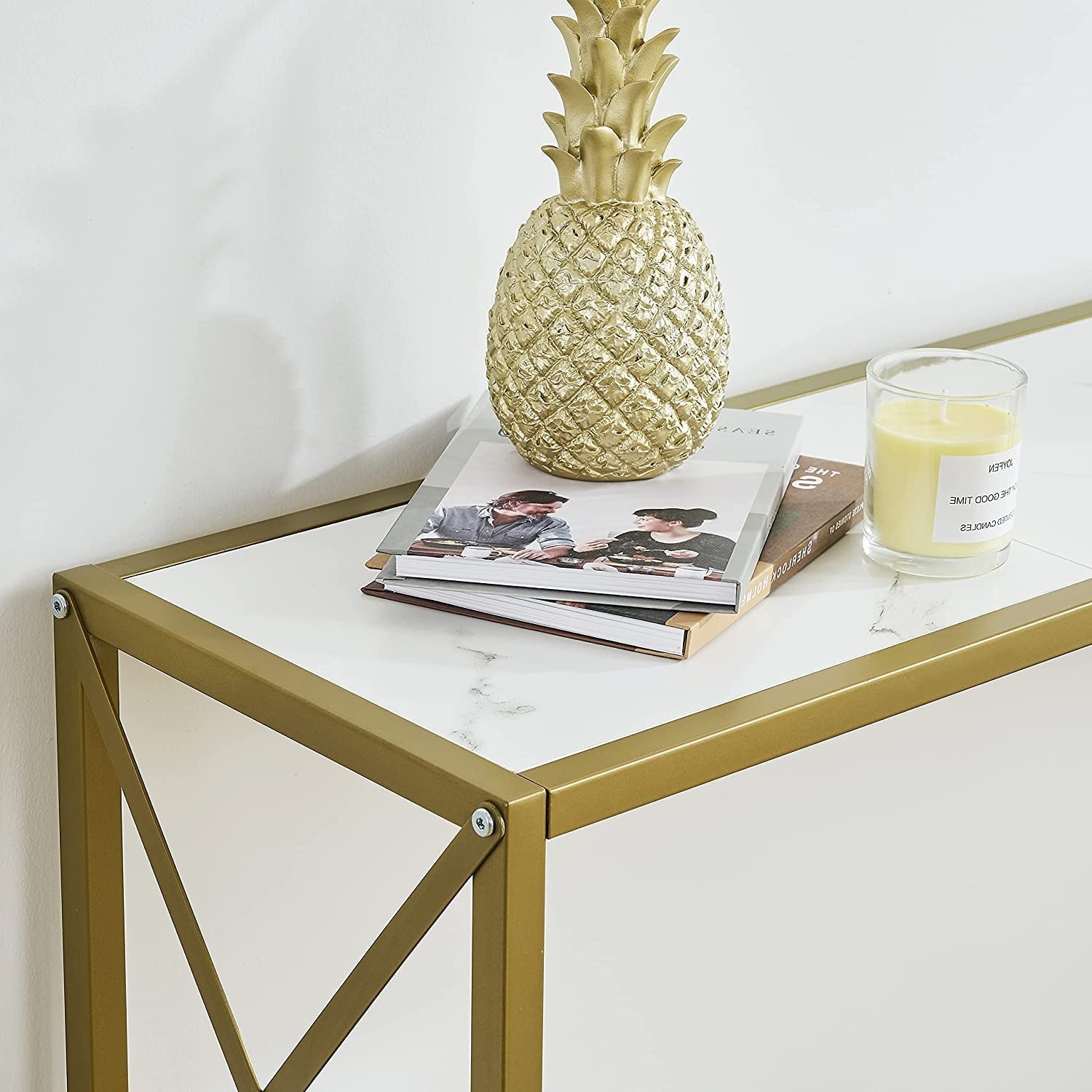 Gold and White Narrow Console Table with Shelves Peach Maple